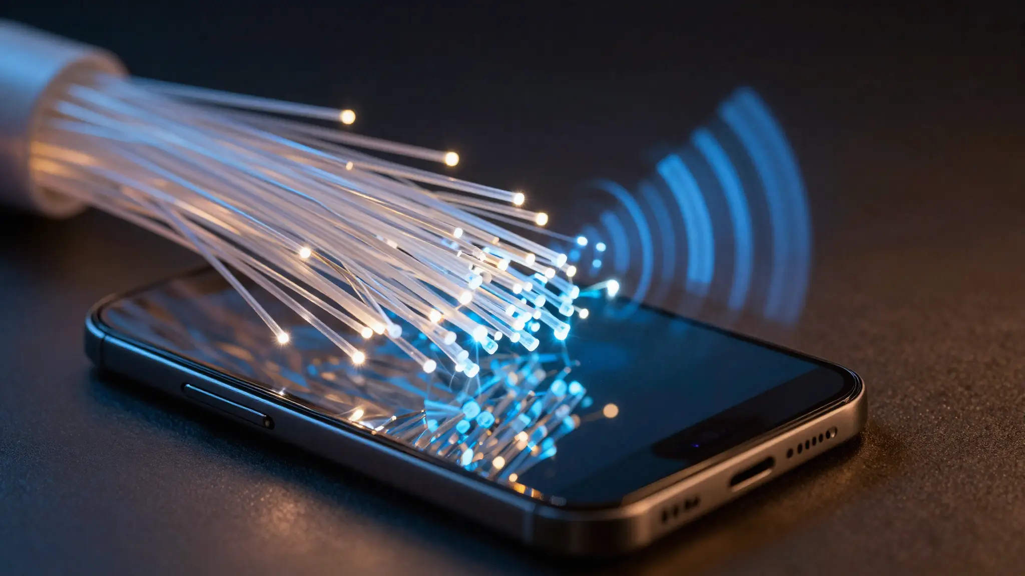 شبكة اتصالات حديثة بخيوط ألياف ضوئية متوهجة تمثل تقنيات الاتصال والتواصل الرقمي